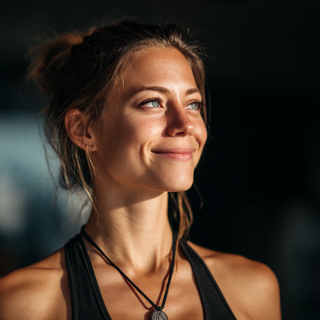 Mosolygós európai nő jóga pozícióban, természetes fényben, nyugodt arckifejezéssel