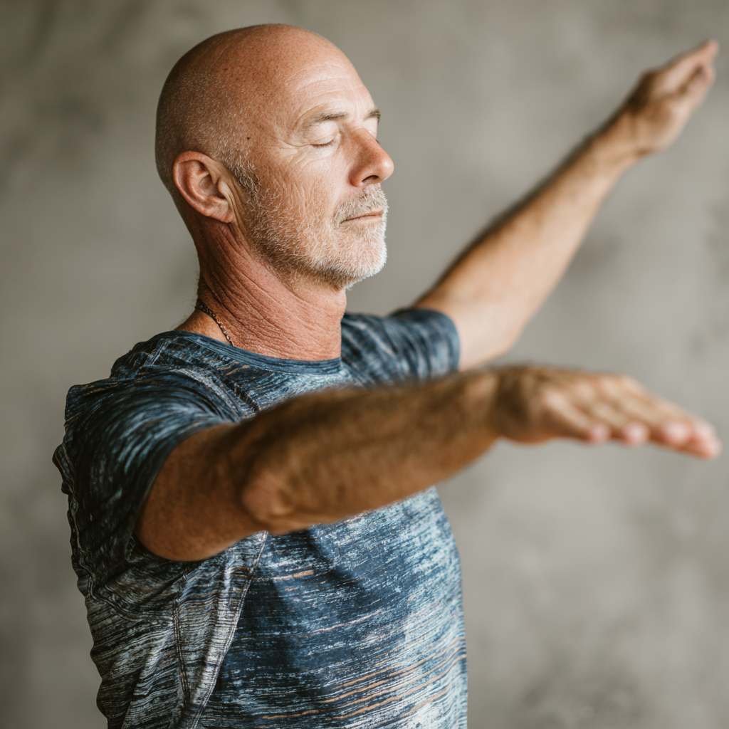 Mosolygós európai nő irodai környezetben, nyújtó gyakorlatot végez