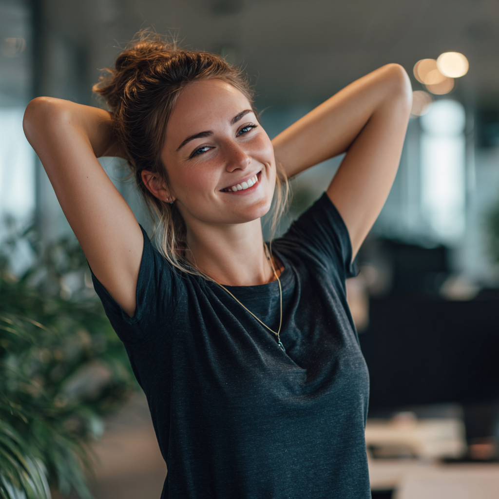 Barátságos európai jóga oktató mosolyogva, természetes stúdió környezetben